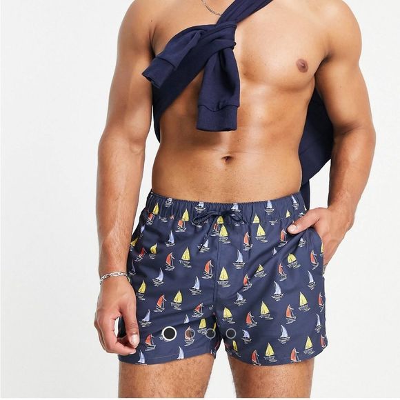 ASOS design — Men's Swim Trunks With Nautical Print Short Length Size Large - Picture 2 of 5